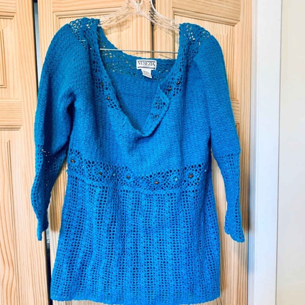 Venezia Crochet Sweater 1X Turquoise